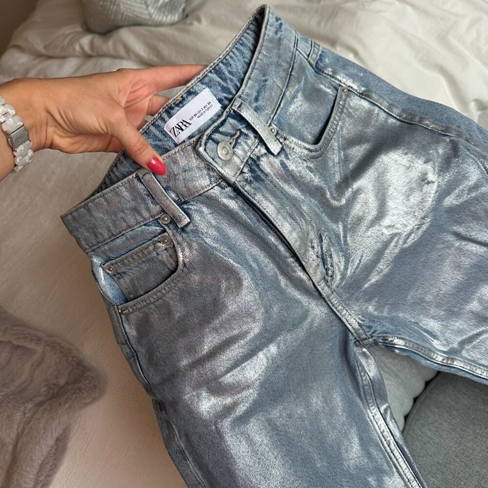Zara metallic mid-rise TRF straight leg jeans